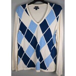 Tommy Hilfiger Sweater XL V-Neck Cream Blue Argyle Women's